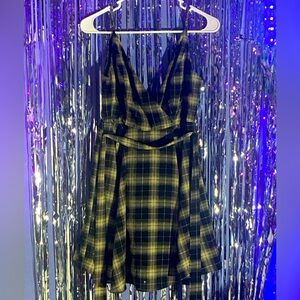 Black and yellow plaid deep V-neck dress /w spaghetti straps